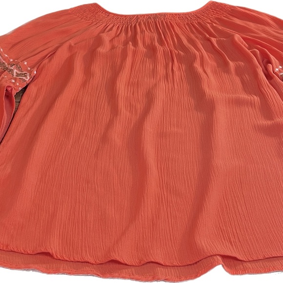 GNW Peasant Blouse Embroidered Boho Top Tassle Tie V neck Medium Tangerine - Picture 2 of 11